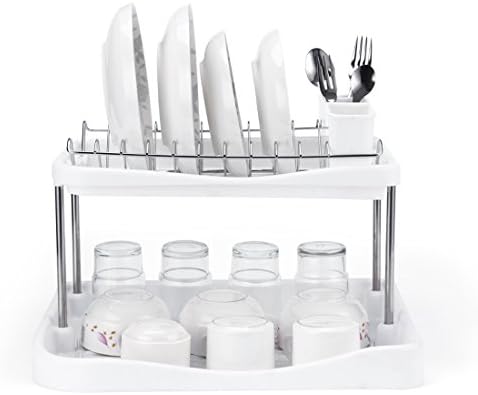 Kitchen Dish Drainer Rack with Plastic Tray 2 Tiers Chromed Planted Kitchen with Plastic Tray Storage Rack White Ideal for Gift for Women &amp; Mother at home
