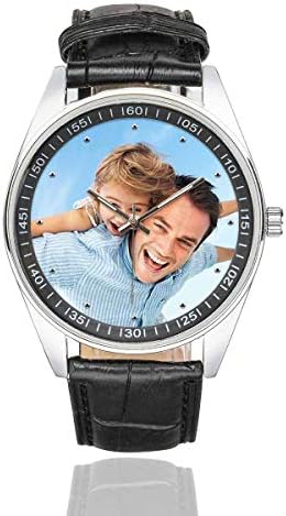 MyPhotoPrintPersonalized Parent Child Face Photo Custom Black Leather Strap Wrist Watches for Men/Father/Husband