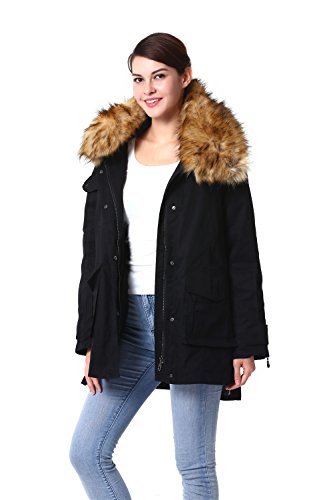 S.ROMZA Women Faux Large Raccoon Fur Collar Hooded Winter Jacket Coats Casual Outerwear (X-Small/US 2, Black) S.ROMZA Women Faux Large Raccoon Fur Collar Hooded Winter Jacket Coats Casual Outerwear (X-Small/US 2, Black)
