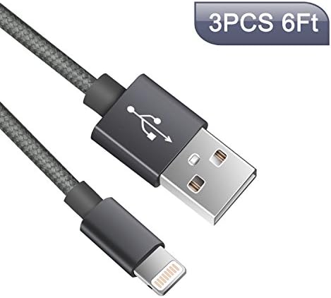 AOSTA SWEET-202 IPhone Charger Lightning Cable, 6' Nylon Braided Lightning Sync and Charging Cord For IPhone 7 Plus/6S Plus/6 Plus/SE/5S/5C/5, IPad 2 3 4 Mini Air Pro, IPod-Grey, 2 M, 3 Piece