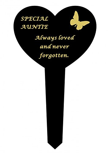 Auntie - Black & Gold Plastic Memorial Heart Stake Graveside Spike Marker Crematorium