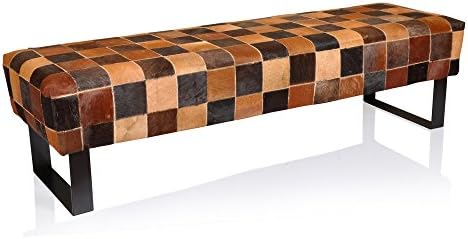 Amrah Home Modern Checker Cowhide Leather Bench Brown, Black Black Finish