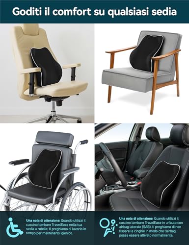Travel Ease Ergonomic Lumbar Cushion, Memory Foam Back Support for Car Seat Office Chair, Anti-Static Backrest and Double Adjustable Straps, Black