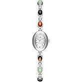 CARLIEN Womens Gold Petite Vintage Colorful Jade Crystals Beaded Waterproof Watch Small Pearl Oval Dial Arabic Numerals Fashion Bracelet Wrist Watch