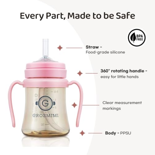 GROSMIMI Spill Proof No Spill Magic Sippy Cup with Straw with Handle for Baby and Toddlers, PPSU, BPA Free, 10 oz, Pink