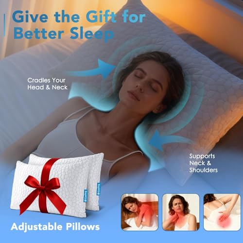 Cooling Memory Foam Pillows Queen Size Set of 2, Adjustable Shredded Foam Bed Pillows for Sleeping, Soft Support Pillows for Side & Back Sleepers with Breathable Dual-Sided Bamboo & Cooling Fabric