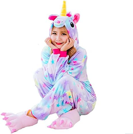YaphteS Cosplay Unicorn Pajamas Gift for Girl and Women Cute Winter Animal Onesie Sleepwear (Star-M)