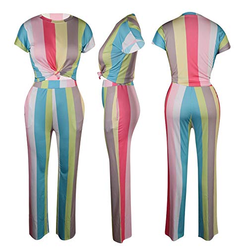 Womens Color Stripe Two Piece Outfits Short Sleeve Crop Tops High Wairst Long Pants Jumpers with Belt