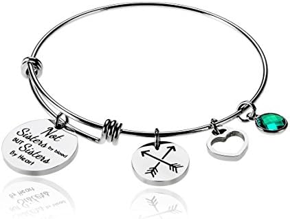 Not Sisters By Blood But Sisters By Heart Charm Birth Month Stone May Best Friend Friendship Bead Expandable Wire Bangle Bracelet For Women Girl Borivilla