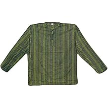 Mogul Interior Men’s Shirt Kurta Dark Green Striped Long Sleeves Yoga Ethnic Tunic L