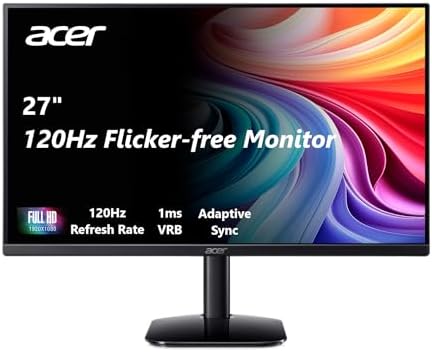 acer 27 Inch Monitor- KB272-27 Inch FHD IPS (1920 x 1080) Display, Up to 120Hz Refresh Rate, 99% sRGB, Tilt, Adaptive-Sync Support (FreeSync Compatible) 1ms (VRB), sRGB 99% Color, HDMI & VGA Ports