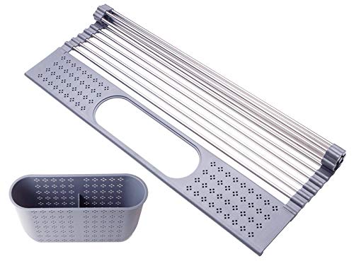 GARTOL Roll Up Dish Drying Rack Over The Sink with Utensil Holder, 17" x 11" Foldable Heat Resistant Stainless Steel Dish Drainer Made of Food Grade Material for Kitchen