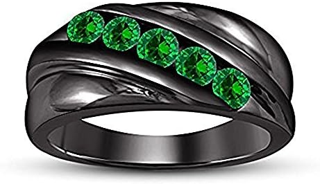 Awesome 14k Black Gold Plated Round Cut Created Green Emerald Five Stone Men's Wedding Band Anniversary Ring