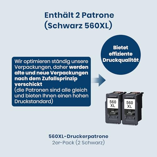 PG560 560XL Druckerpatronen Schwarz Multipack Kompatibel für Canon 560 PG-560 XL Black Patronen PG 560XL Tintenpatrone für Pixma TS5350 TS5351 TS5352 TS5353 TS7450 TS7451 (Schwarz, 2er-Pack)