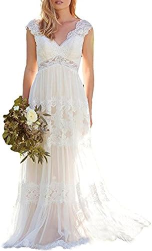 Alanre Women's Double V-Neck Bohemian Empire Wedding Gown Sheer Lace Bride Dress Cap Sleeves White 10