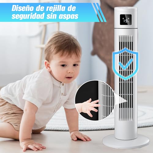AXIDUN Ventilador de Torre 84 cm/33", Ventilador de Torre Silencioso de 3 Velocidades con Control Remoto, 12h Timer, Ventilador sin Aspas, Oscilación de 120° Ventilador de Pie Vertical.