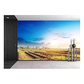 Cargo Train Platform at Sunset with Container - Removable Wall Mural | Self-Adhesive Large Wallpaper - 66x96 inches