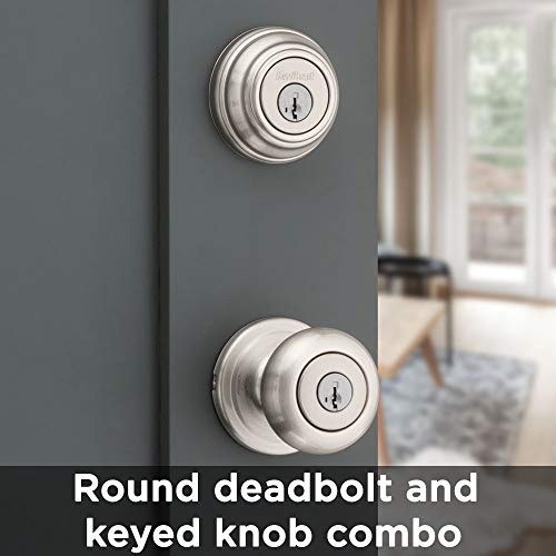 Kwikset Juno Keyed Entry Door Knob and Single Cylinder Deadbolt Combo Pack with Microban Antimicrobial Protection Featuring SmartKey Security in Satin Nickel