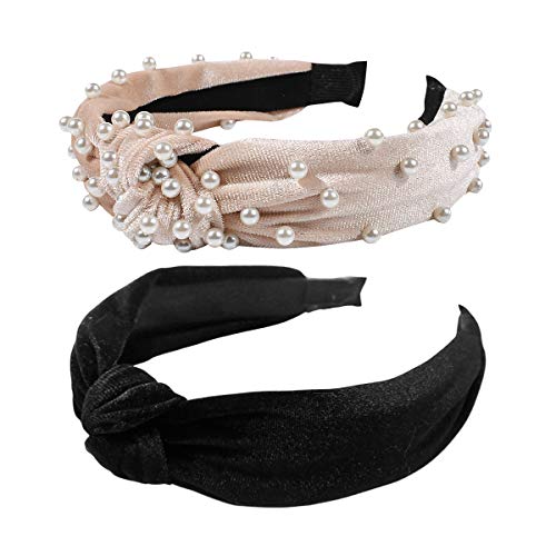 2Pcs Headbands for Women, BEBEEPOO Pearl Headbands with Velvet Knotted Wide Headbands, Faux Pearl Elastic Hair Hoops Fashion Vintage Styling Hair Accessories - Thumbnail 6