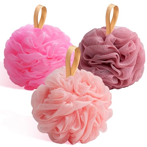 Fishent Bath Loofah Sponge, 3 Pack loofahs Exfoliating Body Scrubber, 60g Soft Mesh Pouf Shower Puffs, Loofa for Women (Pink-Peach-Coral)