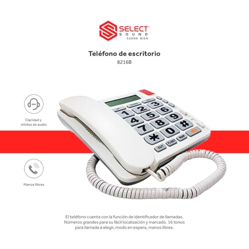 Select Sound | Teléfono Alámbrico con Numeros Grandes e identificador de Llamadas con función de Manos Libres para Casa U Oficina