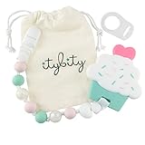 Cupcake Teething Toy with Pacifier Clip Girl, Baby Gift Set (Pink, Mint, Pearl)