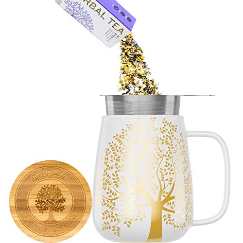 amapodo Teetasse mit Deckel und Sieb - 600ml Porzellan Tee Tasse groà - Jumbotasse - XXL Tea Cup Set Weià - plastikfrei – Bild 5