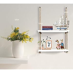 VAH 2 Tier White Wood Rope Hanging Shelf/Rack, Bohemian-Nordic Style, Perfect for Home & Office Decor and Like Wooden…
