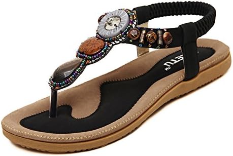 SHIBEVERSummer Flat Sandals for Women Split Toe Elastic Slip On Boho Rubber Rhinestone Comfortable Beach Sandal