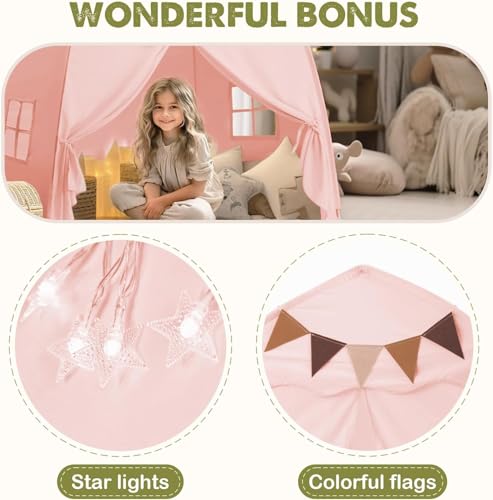 Last Page® Extra Large Toddler Bed Tent & Kids Play Tent Bed Tent with Flags & Star Lights, Portable & Foldable Teepee, Indoor Outdoor Dome Tent Playhouse,Pink
