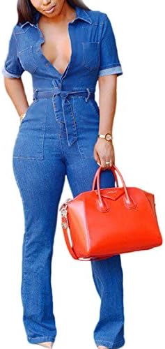 Fanvans Womens Sexy Jumpsuit Deep V Button Down Wide Leg Denim Rompers