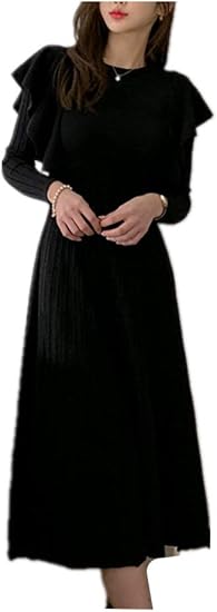 Amazon Taco タコ ニートワンピース フリル セーター レディース リブ ロング丈 純色 無地 スマート ハイウェスト 秋冬 ブラック セーター 通販