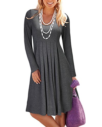 STYLEWORD Women's Long Sleeve Pleated Loose Swing Casual Dress(Gray,M)