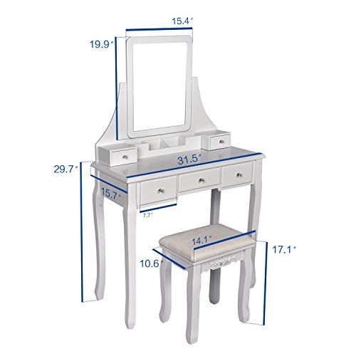 Vanity Table Set Square Mirror with 4 Removable Dividers, Dressing Table Vanity Makeup Table Cushioned Stool & 5 Drawers for Bedroom/Women/Gift (Square Mirror, White)