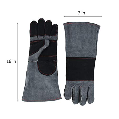 Welding Gloves Lined Leather Extreme Heat Resistant Double Insulation For Mig, Tig Welders, BBQ, Gardening, Camping, Stove, Fireplace and More - 16 in, Grey+Black