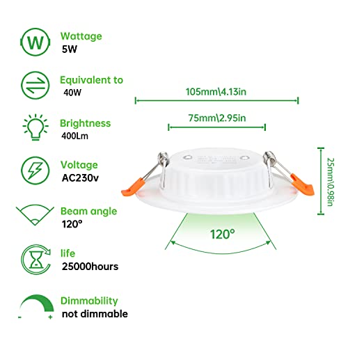 Recessed LED Spotlights for Plasterboard, 5W Equivalent to 40W, Cool White Light 6000K Ultra Thin Ceiling Lights for Plasterboard Interior, Round Metal, Slim Downlights, Hole Φ75-95 mm, Set of 24