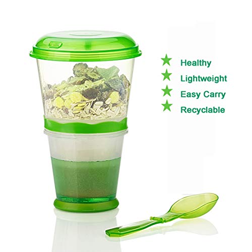 Cereal On the Go Cups Travel-To-Go-Food-Containers Storage with Spoon Breakfast Drink-Cups-Portable (Green)