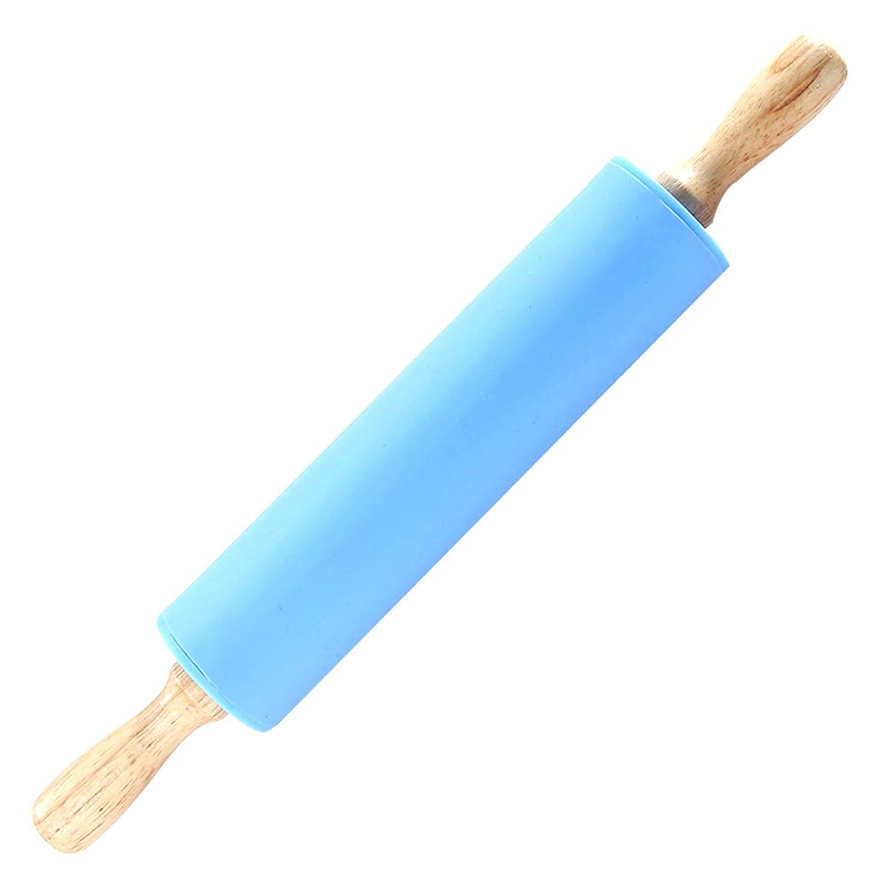 ZPSHYD Silicone Wooden Handle Rolling Pin,Large Pin Non-Stick Surface Revolving Dough Pastry Baking Tool for Kitchen(Blue)