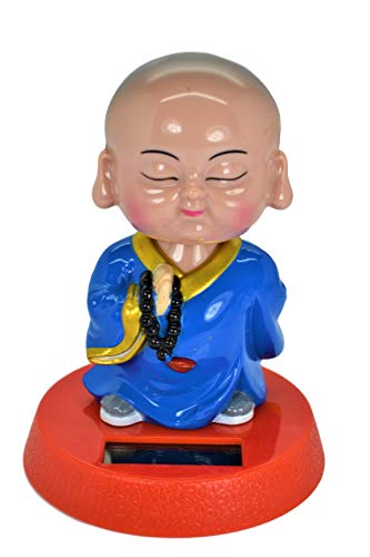 Solar Powered Cute Little Buddha Bobble Head Figure Car Dashboard Accessories Office Home Ultra Detail Doll. (Blue) - Thumbnail 3