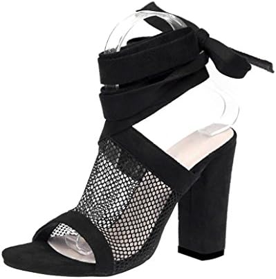 Yuxing Women's Tie Lace Up Sandals Ankle Mesh High Heels Block Party Shoes
