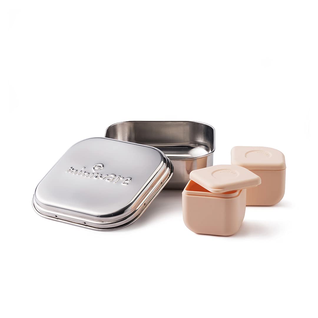 Miniware GrowBento Box and 2 Silipods (Steel + Peach) | Durable 304 Stainless Steel Lunch Box and Leakproof Food Grade Silicone Storage Containers Set | Grows from Baby Purees to School Lunches