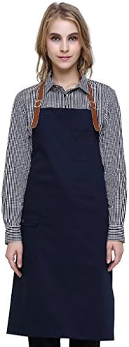 Dark coffee leather shoulder strap kitchen waiter chef apron with waist ties for women and men