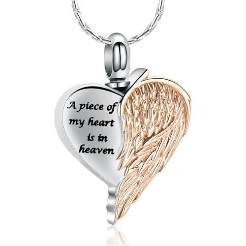 constantlife Heart Shape Urn Necklace for Ashes Stainless Steel Angel Wings Memorial Pendant Cremation Jewelry Keepsake for Women (A piece of my heart is in heaven-Rose Gold) at Amazon