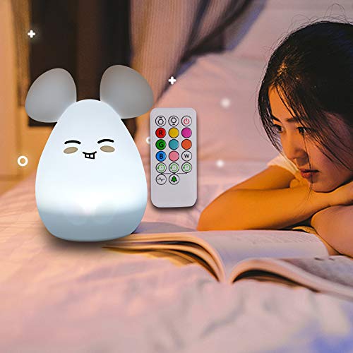 ATOMFIT LED Nursery Night Lights for Kids: Cute Animal Silicone Baby Night Light with Touch Sensor and Remote - Portable and Rechargeable Infant or Toddler Cool Color Changing Bright (Mouse)