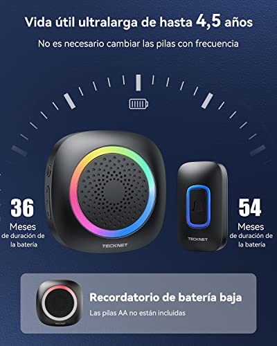 TECKNET Wireless Doorbell Outdoor Waterproof, 400M Range RGB Wireless Doorbell IP66, 5 Volume Levels (0-110dB) and 60 Melodies for Home/Hotel/Office/Emergency, etc