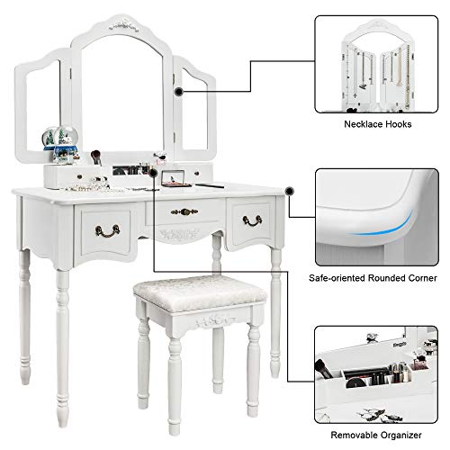 Modern Vanity Table Set with 5 Drawers Large Makeup Vanity Table with Tri-Folding Mirror&Cushioned Stool Bedroom Dressing Makeup Table (White) - Thumbnail 4