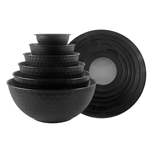 Photo 1 of COOK WITH COLOR Mixing Bowls with Lids - 12 Piece Plastic Nesting Bowls Set includes 6 Prep Bowls and 6 Lids, Non Slip Bottom and Embossed Design - Microwave Safe (Black)