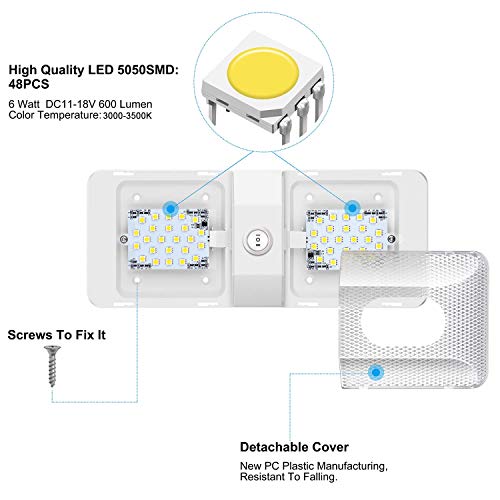 TURN RAISE Upgraded DC 12V RV LED Ceiling Double Dome Light, 48 Pcs LED Super Bright RV Interior Lighting for Car/RV/Trailer/Camper/Boat,Warm White 600 Lumens,1 Pack