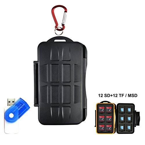 Memory Card Case, LXH Holder SD SDHC SDXC CF MSD TF Micro SD Card Durable Waterproof Storage Computer Camera Card Cartridge With Carabiner & Card Reader For 12 SD & 12 TF/ Micro SD ( 24 Slots )