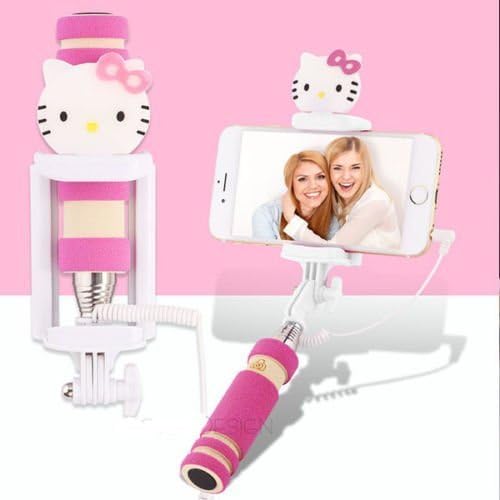 Galsang Pink Hello Kitty Shutter Extendable Selfie Stick Handheld Monopod Phone Camera Holder Wire Selfie Stick for Iphone 6s 6s 5s Samsung Galaxy Android